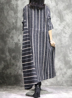 Retro Striped O-neck Asymmetric Hem Maxi Dress