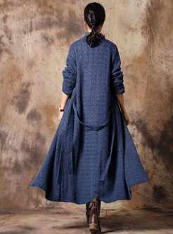 Brief Solid Color O-neck Belted Knitted Long Coat