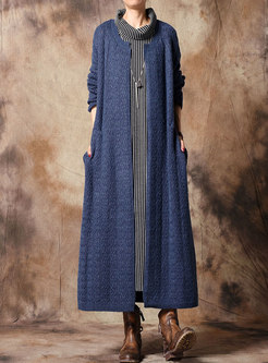 Brief Solid Color O-neck Belted Knitted Long Coat
