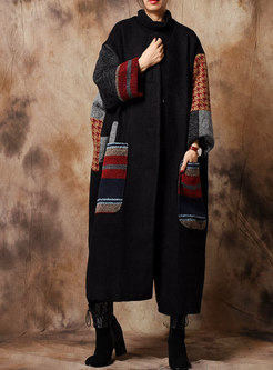 Plus Size Splicing O-neck Single-breasted Woolen Coat
