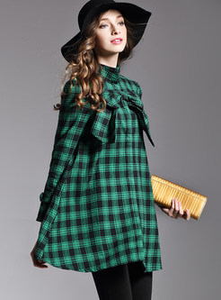 Standing Collar Bowknot Loose Plaid Blouse