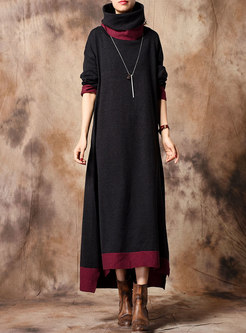 Color-blocked High Neck Asymmetric Knitted Dress