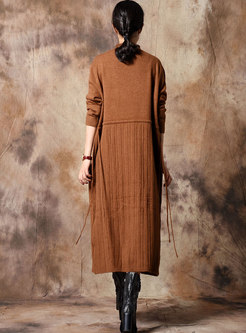 Solid Color Half Turtle Neck Gathered Waist Knitted Dress