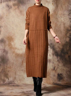Solid Color Half Turtle Neck Gathered Waist Knitted Dress