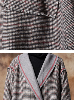 Elegant Grid Turn Down Collar Rough Selevedge Long Coat 