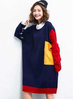 Casual Color-blocked O-neck Loose Knitted Dress