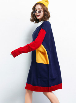 Casual Color-blocked O-neck Loose Knitted Dress