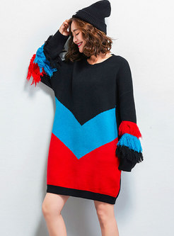 Chic Color-blocked Tassel Patch Loose Knitted Dress