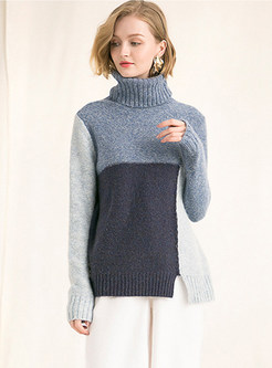 High Neck Mohair Color-blocked Slit Sweater