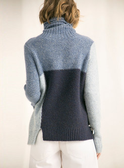 High Neck Mohair Color-blocked Slit Sweater