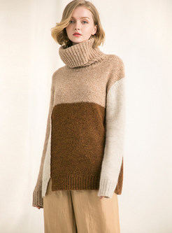 Color-blocked Turtle Neck Slit Pullover Sweater