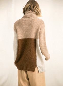 Color-blocked Turtle Neck Slit Pullover Sweater