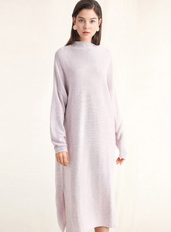 Half High Neck Long Sleeve Slit Knitted Dress
