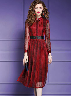 Lapel Perspective Mesh Splicing Lace Waist Pleated Dress
