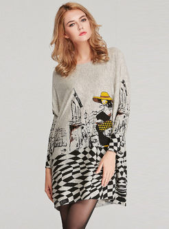 Plus Size Print O-neck Loose Pullover Sweater