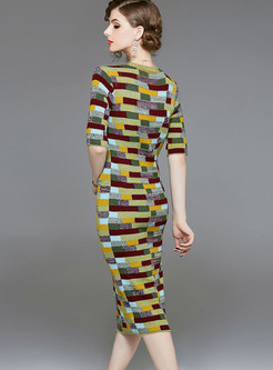 Autumn Multicolor Crew-neck Half Sleeve Knitting Dress