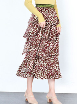 Chiffon Elastic Waist Leopard Print Layered Skirt