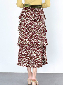 Chiffon Elastic Waist Leopard Print Layered Skirt