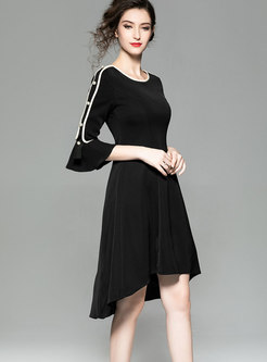Stylish Flare Sleeve Beaded Asymmetric Dress