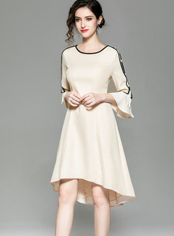 Stylish Apricot Flare Sleeve Beaded Asymmetric Dress