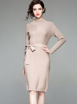 Fashion Apricot Gathered Waist Slim Knitted Dress