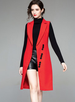 Trendy Red Notched Sleeveless Long Vest 