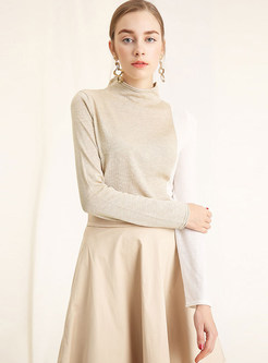 Standing Collar Long Sleeve Slim Color-blocked Sweater