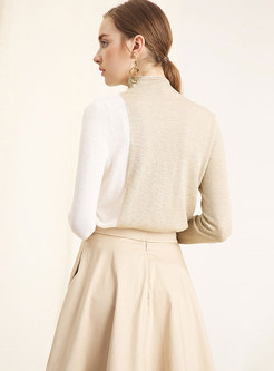 Standing Collar Long Sleeve Slim Color-blocked Sweater