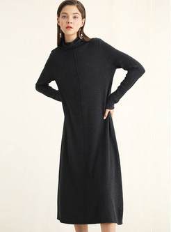 Solid Color Turtle Neck Loose Knitted Dress