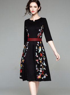 Stylish Color-blocked Embroidered Floral A Line Dress