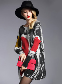 Color-blocked O-neck Long Sleeve Print Sweater