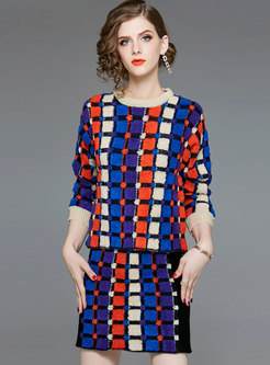 Autumn Multicolor Retro Top & Wrap Sheath Midi Skirt