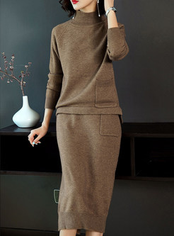 Pure Color Asymmetric Sweater & Knitted Slit Dress