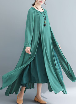 Pure Color O-neck Asymmetric Hem Maxi Dress