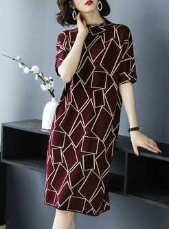 Loose Standing Collar Geometric Pattern Knitted Dress
