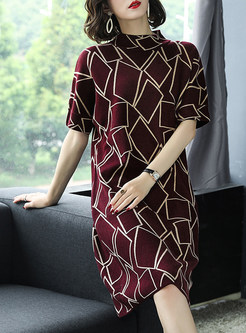 Loose Standing Collar Geometric Pattern Knitted Dress
