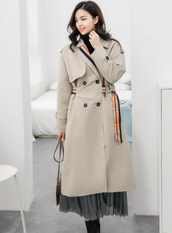 Elegant Striped Splicing Belted Double-breasted Trench Coat