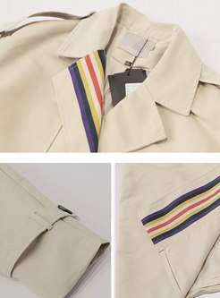 Elegant Striped Splicing Belted Double-breasted Trench Coat