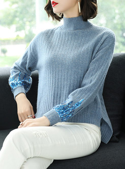 Asymmetric Pure Color Long Sleeve Sequined Sweater