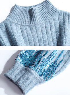 Asymmetric Pure Color Long Sleeve Sequined Sweater