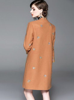 Retro Khaki Mandarin Collar Embroidered Hairy Coat