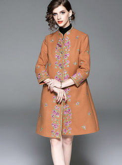 Retro Khaki Mandarin Collar Embroidered Hairy Coat