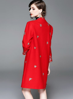 Retro Red Mandarin Collar Embroidered Hairy Coat