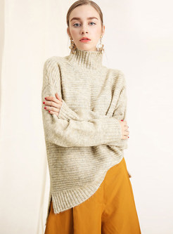 Brief High Neck Warm Slit Loose Pullover Sweater