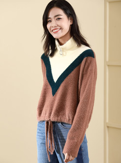 Color-blocked Half High Neck Tied Knitted Sweater