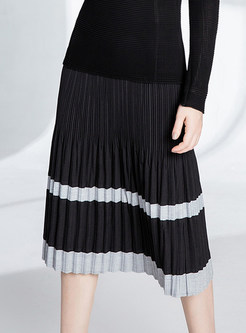 Color-blocked Elastic Waist Pleated A Line Skirt