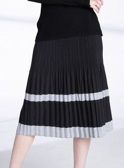 Color-blocked Elastic Waist Pleated A Line Skirt