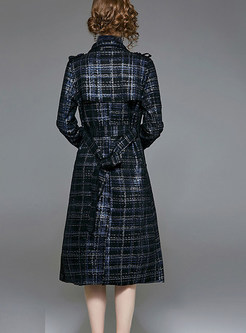 British Blue Notched Belted Plaid Trench Coat
