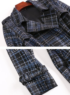 British Blue Notched Belted Plaid Trench Coat