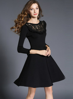 Pure Color Perspective Lace Stitching Slim Knitted Dress
